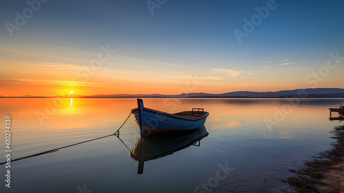 boat floating on a tranquil body of water during a stunning sunset, romantic date in summer trip, holiday banner, AI