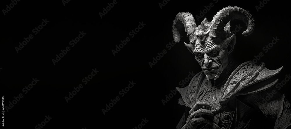 Black and white photorealistic studio portrait of the demonic being lucifer the devil on black background. Generative AI illustration - obrazy, fototapety, plakaty 