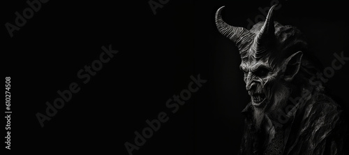 Black and white photorealistic studio portrait of the demonic being lucifer the devil on black background. Generative AI illustration