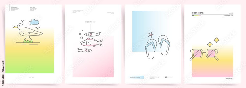 Summer Gradient Backgrounds with Beach and Vacation Elements - Fishes, flip-flops, sea bird and sunglasses. Minimal Simple Design Modern Soft Gradient for Poster, Flyer, Banner, Presentation. 