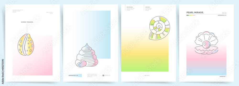 Summer Gradient Backgrounds with Sea Shells. Vector Aesthetic Design Templates.