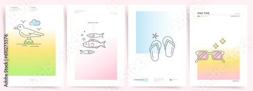 Summer Gradient Backgrounds with Beach and Vacation Elements - Fishes, flip-flops, sea bird and sunglasses. Minimal Simple Design Modern Soft Gradient for Poster, Flyer, Banner, Presentation. 