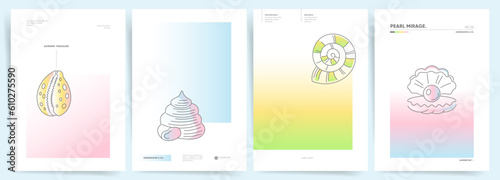 Summer Gradient Backgrounds with Sea Shells. Vector Aesthetic Design Templates.