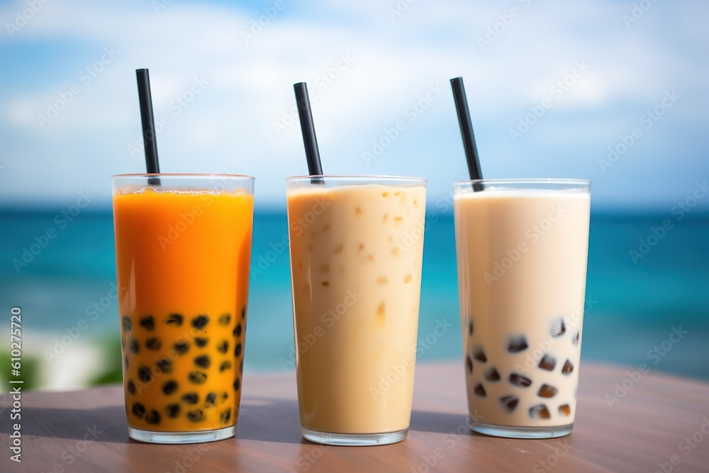 A collection of drinking glasses with straws showing Taiwanese bubble or boba tea with different flavours. Visually appealing presentation. Generative AI A collection of drinking glasses with straws showing Taiwanese bubble or boba tea with different flavours. Visually appealing presentation. Generative AI