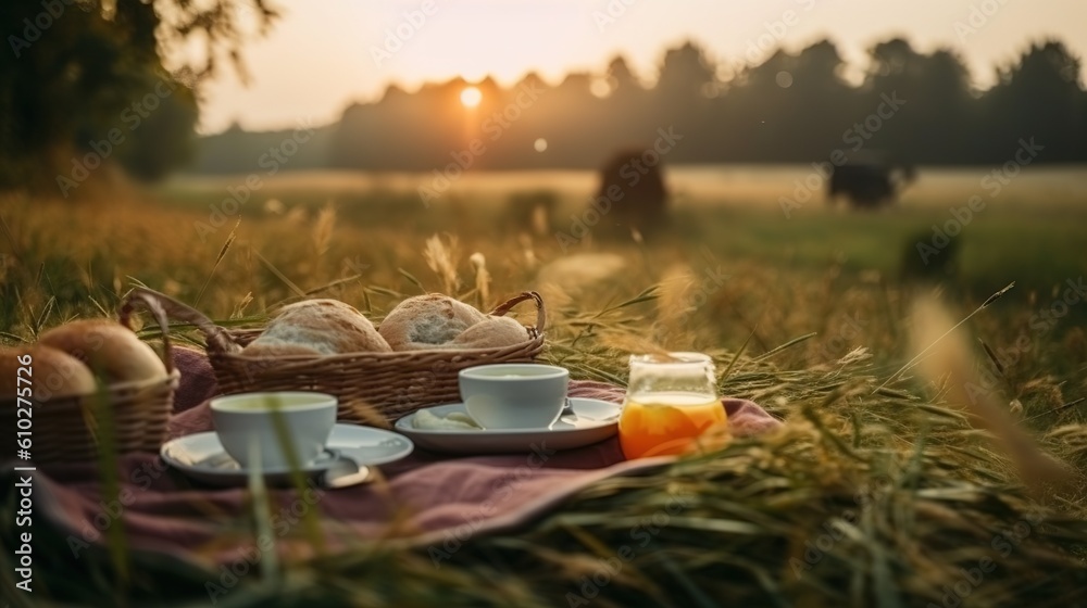 Fototapeta premium enjoying a picnic in a scenic spring meadow.