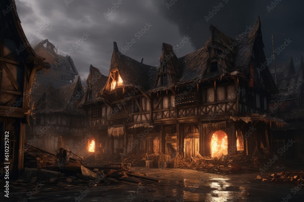 Middle ages, burned down the wooden building. Beautiful illustration picture. Generative AI Middle ages, burned down the wooden building. Beautiful illustration picture. Generative AI