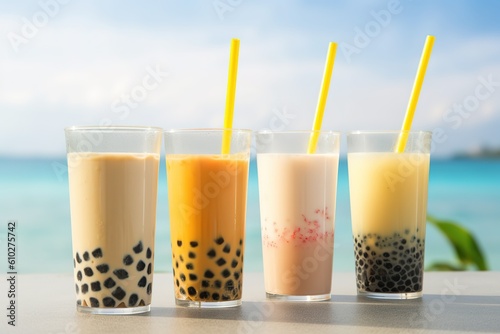 A collection of drinking glasses with straws showing Taiwanese bubble or boba tea with different flavours. Visually appealing presentation. Generative AI