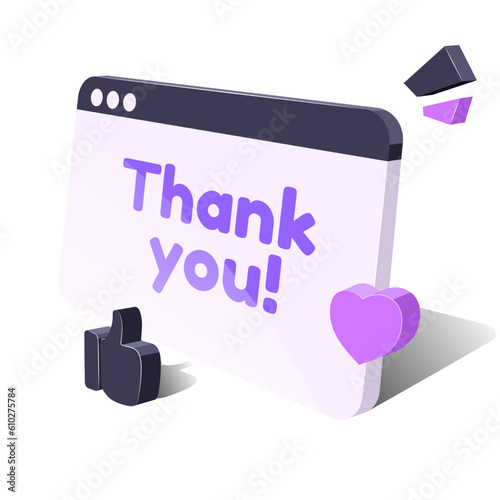 Thank you. 3d computer screen model with thanks, like, and heart. Vector graphics on a white background