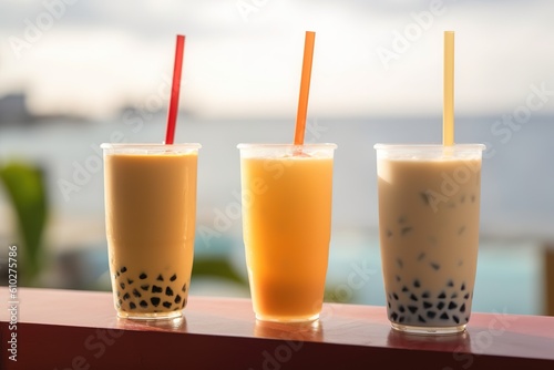 A collection of drinking glasses with straws showing Taiwanese bubble or boba tea with different flavours. Visually appealing presentation. Generative AI