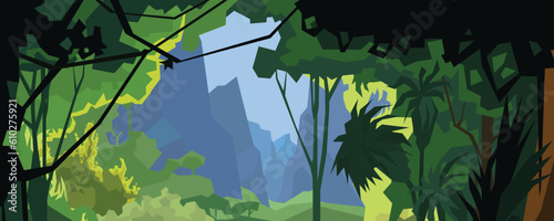 The sun shines through the jungle, illuminating the vibrant green tropical forest with majestic mountains in the background. This cover showcases the captivating beauty of tropical nature.