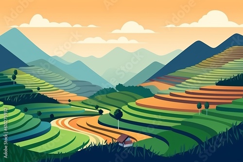 Rural view of field. Minimalistic flat design landscape poster. Beautiful illustration picture. Generative AI