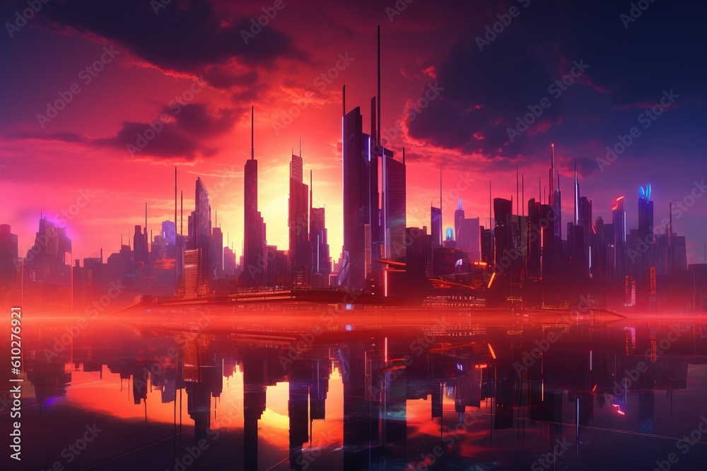 At night. Futuristic city skyline in synthwave style. Beautiful illustration picture. Generative AI