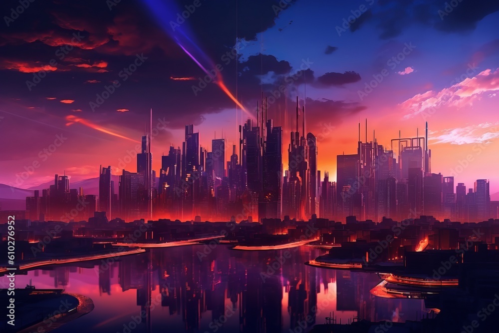 At night. Futuristic city skyline in synthwave style. Beautiful illustration picture. Generative AI