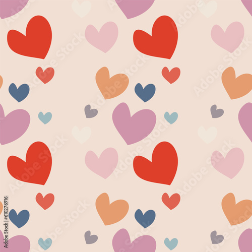 Seamless pattern with red hearts on pink background