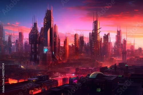 Futuristic city skyline in synthwave style. Beautiful illustration picture. Generative AI