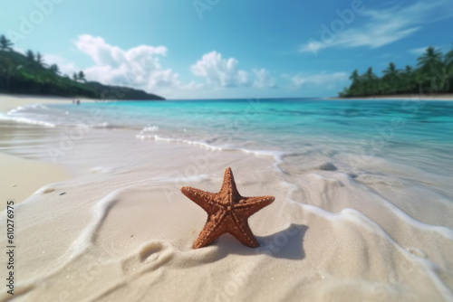 Starfish on the beach. Summer rest. AI generative.