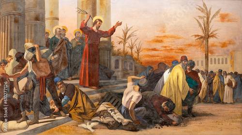 NAPLES, ITALY - APRIL 20, 2023: The fresco of Jesus Cleanses the Temple scene in the church  Basilica di Santa Maria degli Angeli a Pizzofalcone by Cav. Stabile (1882).