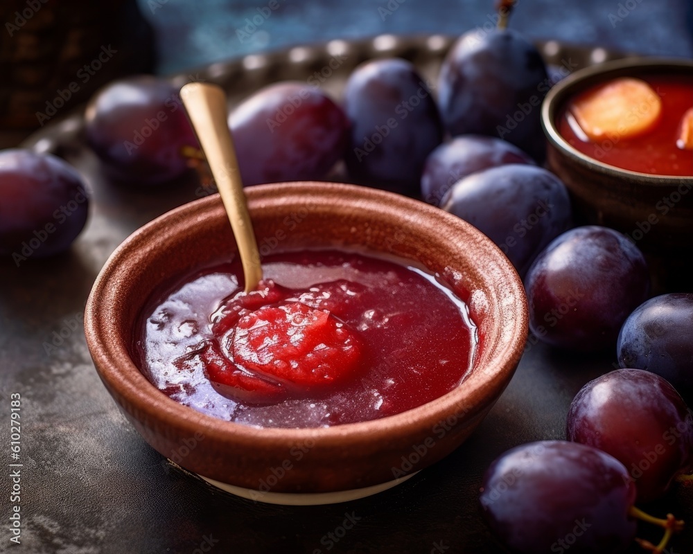 plum sauce in a ceramic bowl with a spoon, surrounded by fresh plums plum sauce in a ceramic bowl with a spoon, surrounded by fresh plums