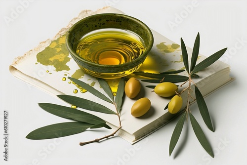 Olive oil and olive branch concept. Fresh green olives, branchlet with leaves and beautiful shiny olive oil in a bowl. Light white background. Generative Ai.