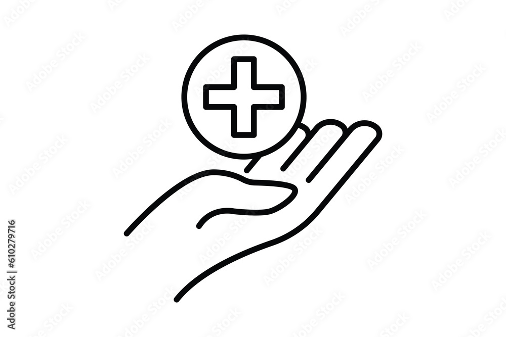 Obraz premium Health care icon. Hand and medical cross vector. Line icon style design. Simple vector design editable