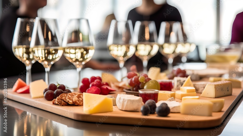 Generative AI. Wine and Cheese Pairing Class: Diverse Group Engrossed in Flavors