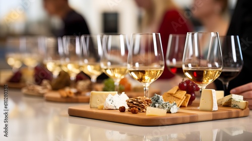 Generative AI. Wine and Cheese Pairing Class: Diverse Group Engrossed in Flavors