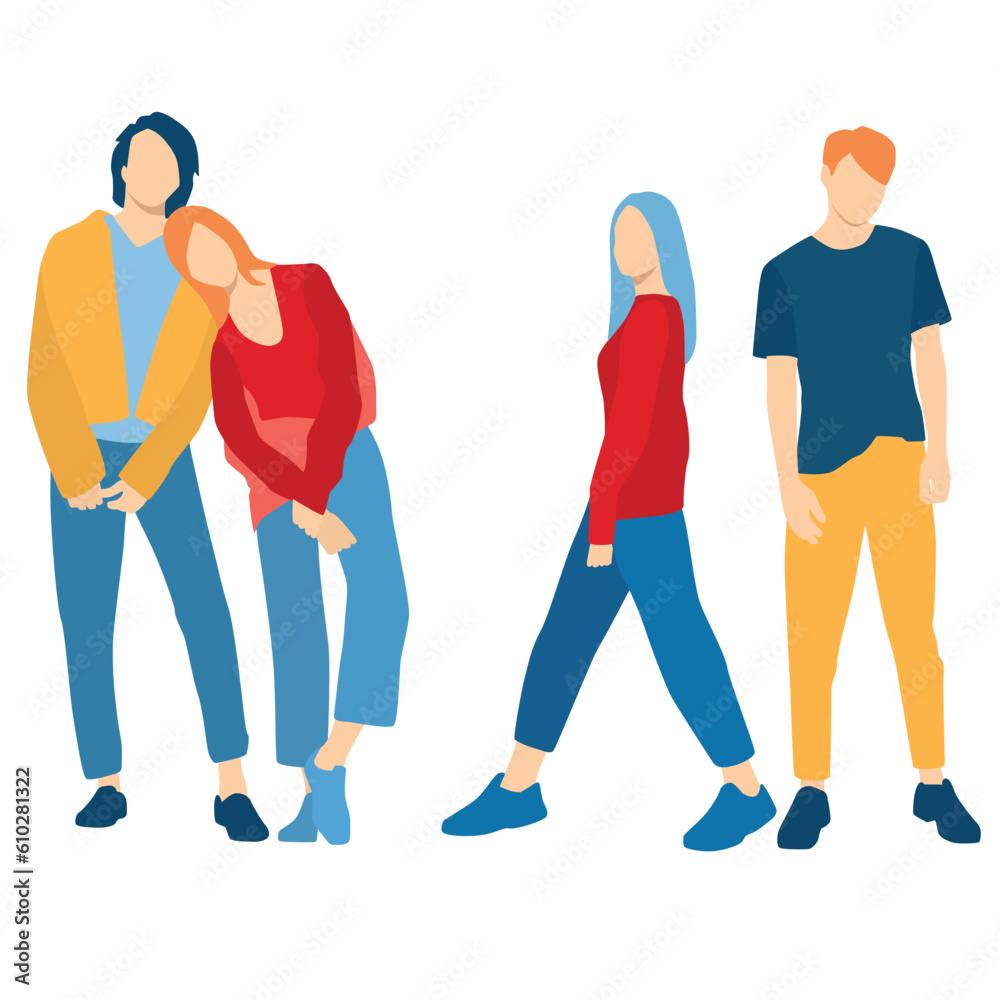 Obraz premium Set of young men and women, different colors, cartoon character, group of silhouettes of standing business people, students, the design concept of flat icon, isolated on white background