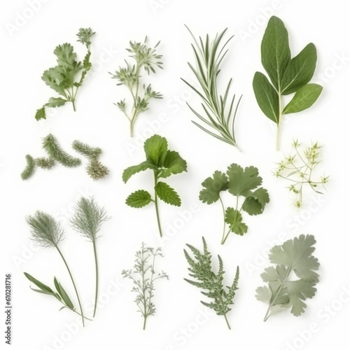 flat lay composition of various green herbs isolated on white background, top view. AI generated content