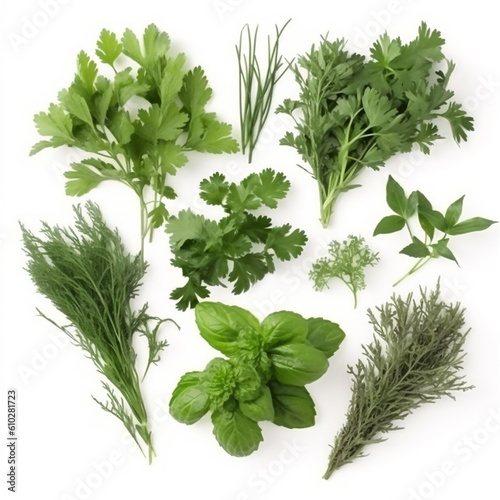 flat lay composition of various green herbs isolated on white background, top view. AI generated content