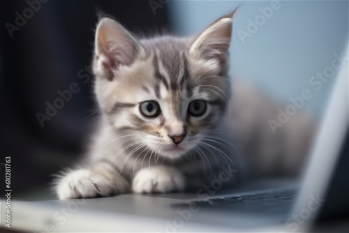 kitten close-up portrait. little kitten laying on keyboard. AI generated content © Elena