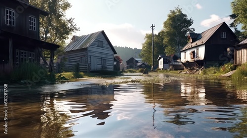 high water in the village.Flooding of houses and villages. Generative AI photo