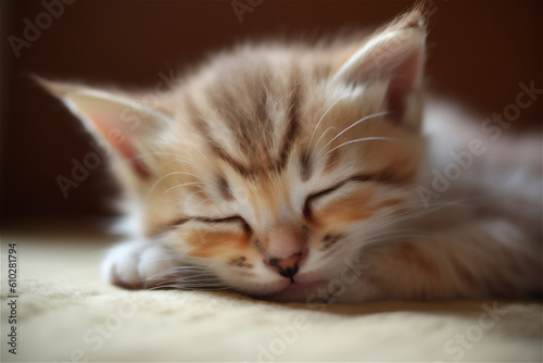 kitten close-up portrait. little kitten sleeping. AI generated content