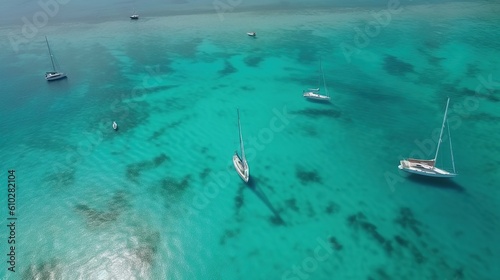 Sailboats sailing on a sea of turquoise clarity. Captured by an aerial drone. Generative AI © Marco