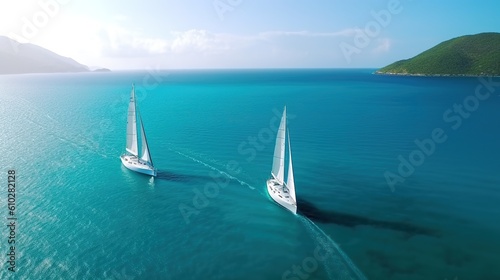 Segelboote segeln auf einem türkisfarbenen, klaren Meer. Aufgenommen von einer Drohne aus der Luft. Generative KI 