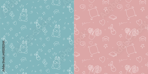 Patter hand-drawn in doodle style, children, drawn: bunny, heart, star, cactus, pillow, flowers pink turquoise blue