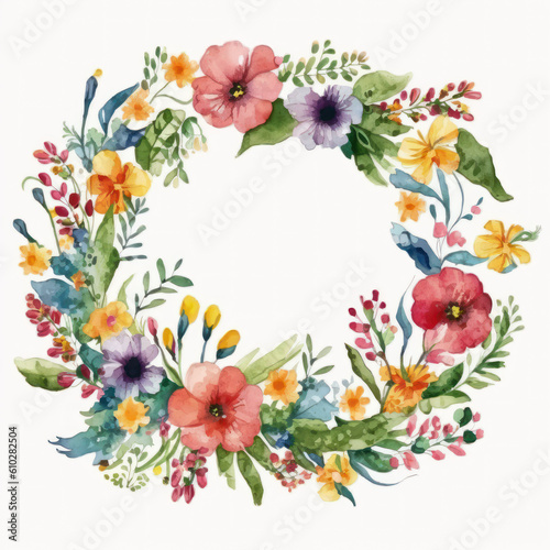 Watercolor wreath made with colorful wildflowers and leaves on white paper background. Floral illustration for web, invitations and greeting or save the date cards. Generative Ai.