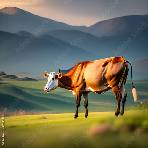 a cow in grossy plote genrative ai photo