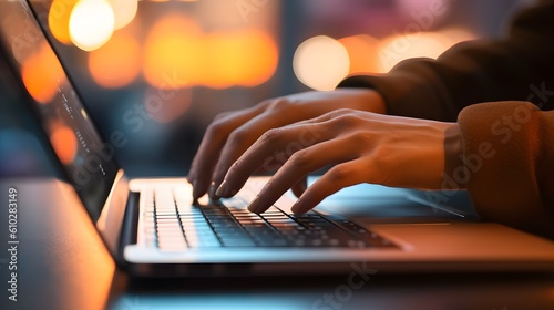 view of a woman's hands as they type on a laptop in close-up Generative AI.