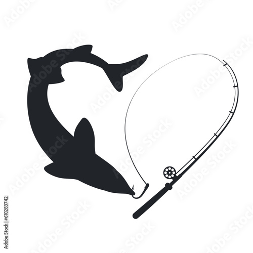 Fishing symbol. Sturgeon fish caught on spinning form a heart shape. Vector icon black on white