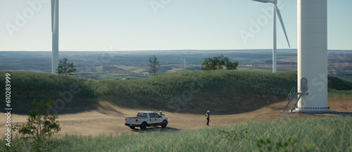 AERIAL Workers arrived for wind turbine inspection. Realistic 3d rendering
