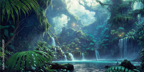 Jungle scenery with waterfalls created with Generative AI technology