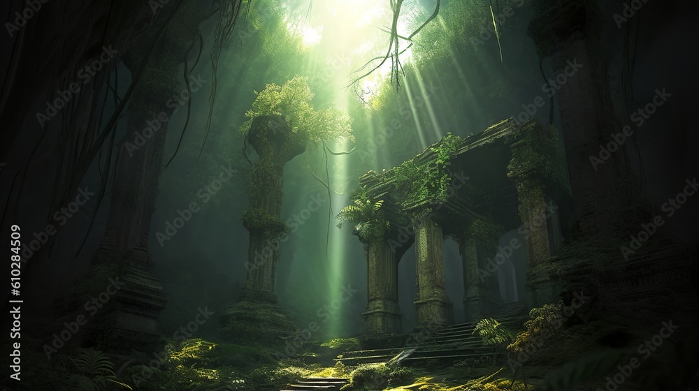 Ancient ruined temple in the jungle, Generative AI	
