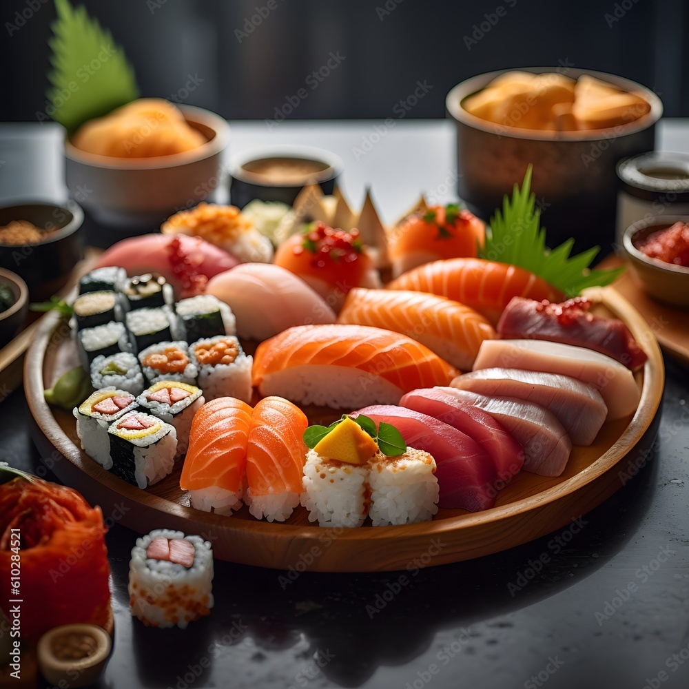 A close-up of a delicious sushi plate Generative AI A close-up of a delicious sushi plate Generative AI