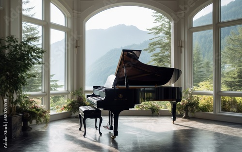 A black grand piano in a garden with plants and panoramic windows