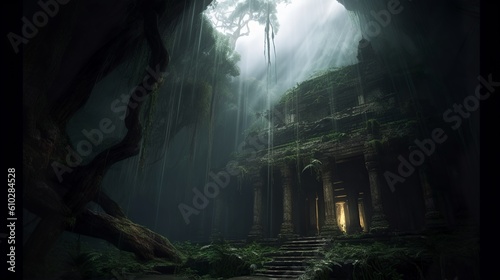 Ancient ruined temple in the jungle, Generative AI   © AIExplosion
