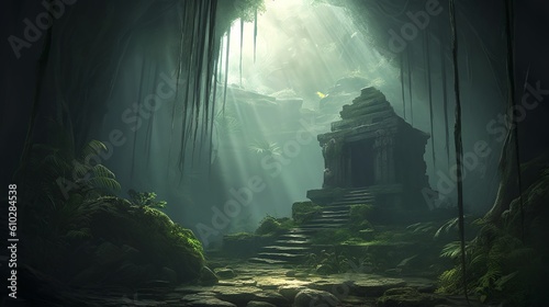 Ancient ruined temple in the jungle  Generative AI  