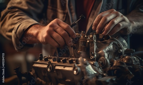 A close-up of a mechanic's hands while they work on an automobile engine. Generative AI