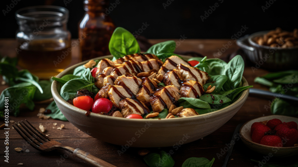 The photo showcases a colorful and appetizing salad plate filled with fresh ingredients. Crisp lettuce forms the base, complemented by juicy tomatoes, crunchy cucumbers, vibrant purple cabbage, and gr