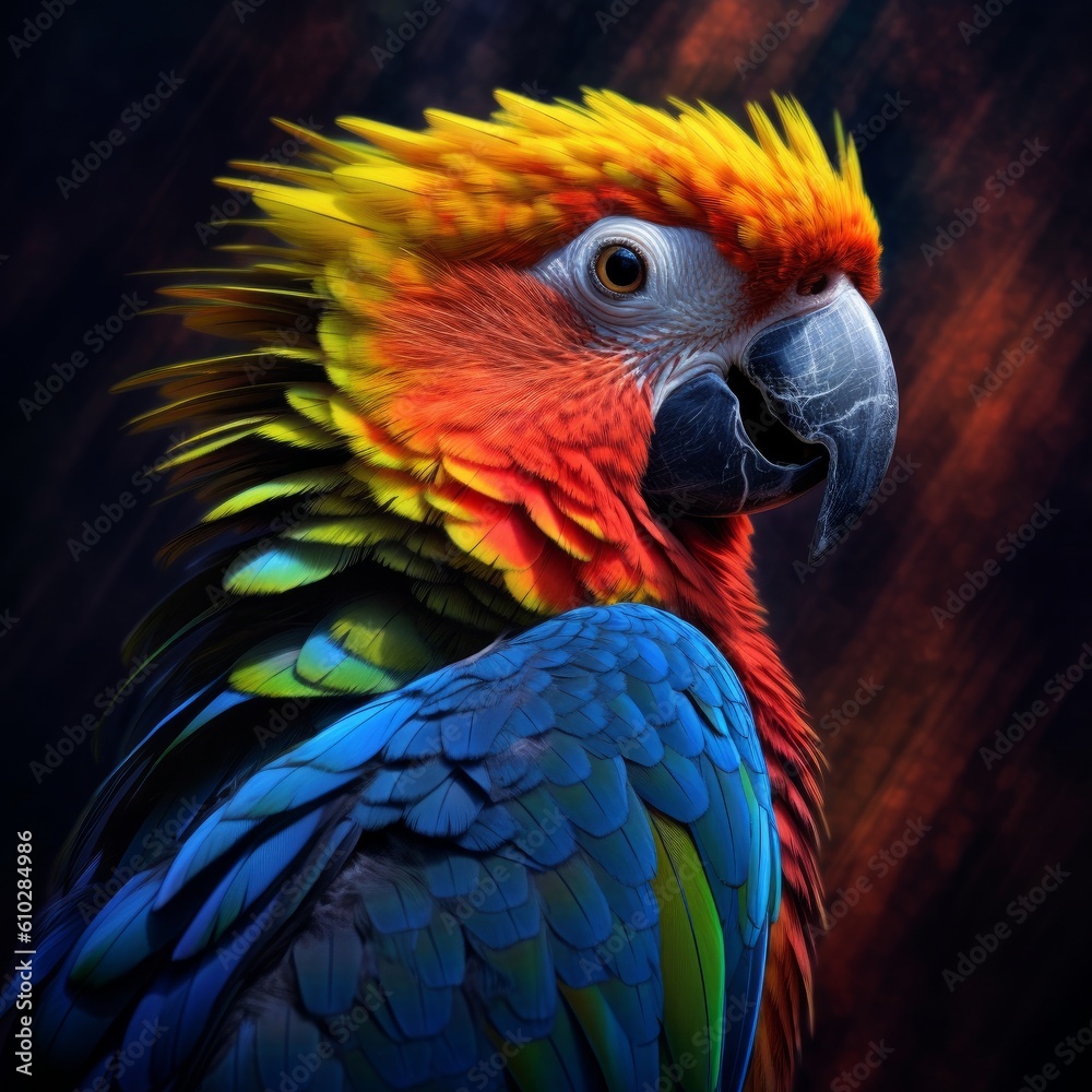 Obraz premium Beautiful bright multi-colored parrot on a dark background