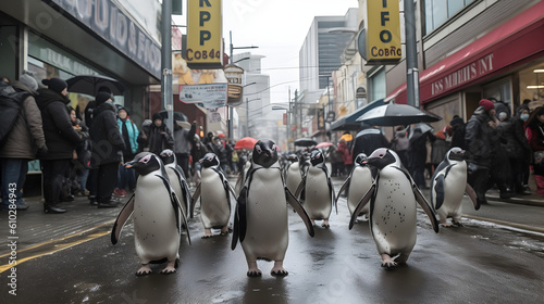 "Urban Penguins": An amusing and surreal scene of a group of penguins waddling through a bustling city street